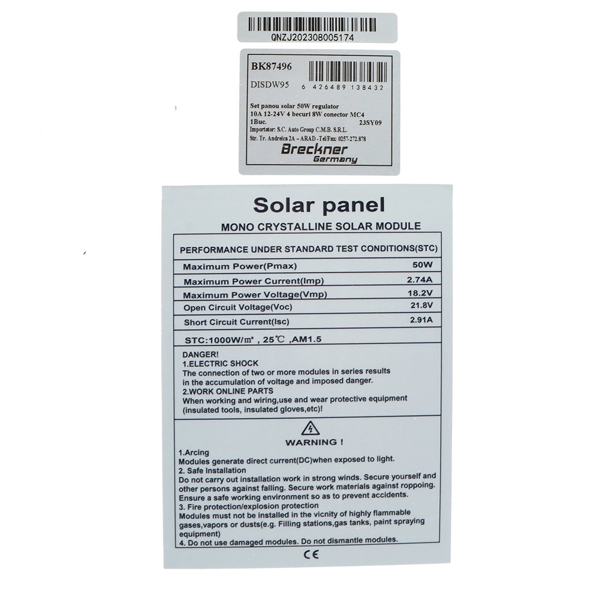 Set panou solar 50W fotovoltaic monocristalin regulator 10A 2xUSB 12/24V 4 becuri LED 9W Breckner Germany